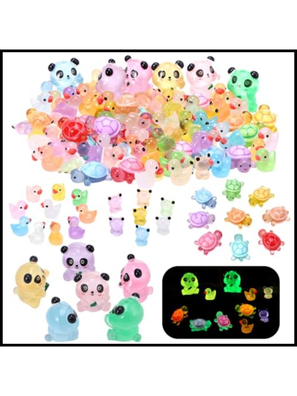 Mini Resin Animal Figurines 90pc Glow in the Dark Ducks Turtles Frogs Pandas